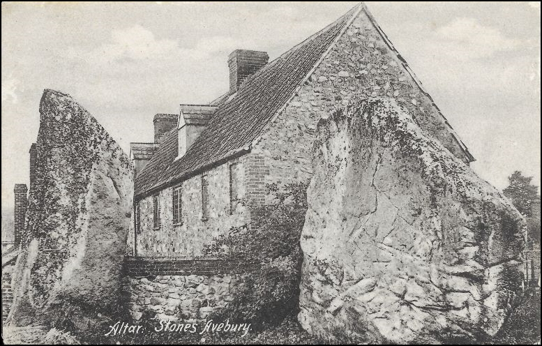 Black and white printed postcard of stones of Avebury Stone Circle, Wiltshire